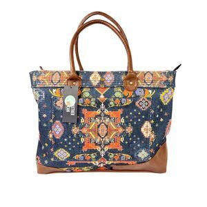 Mona B Weekender Tote NWT Blue Tan Upcycled Canvas Boho Carpet Print Large